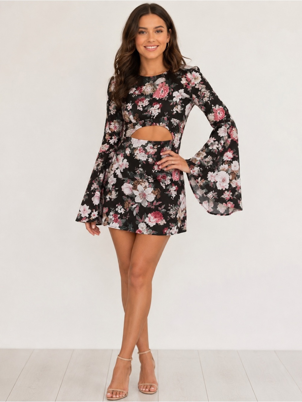 Listle Floral Cut-Out Long Bell Sleeve Mini Dress - Size Large